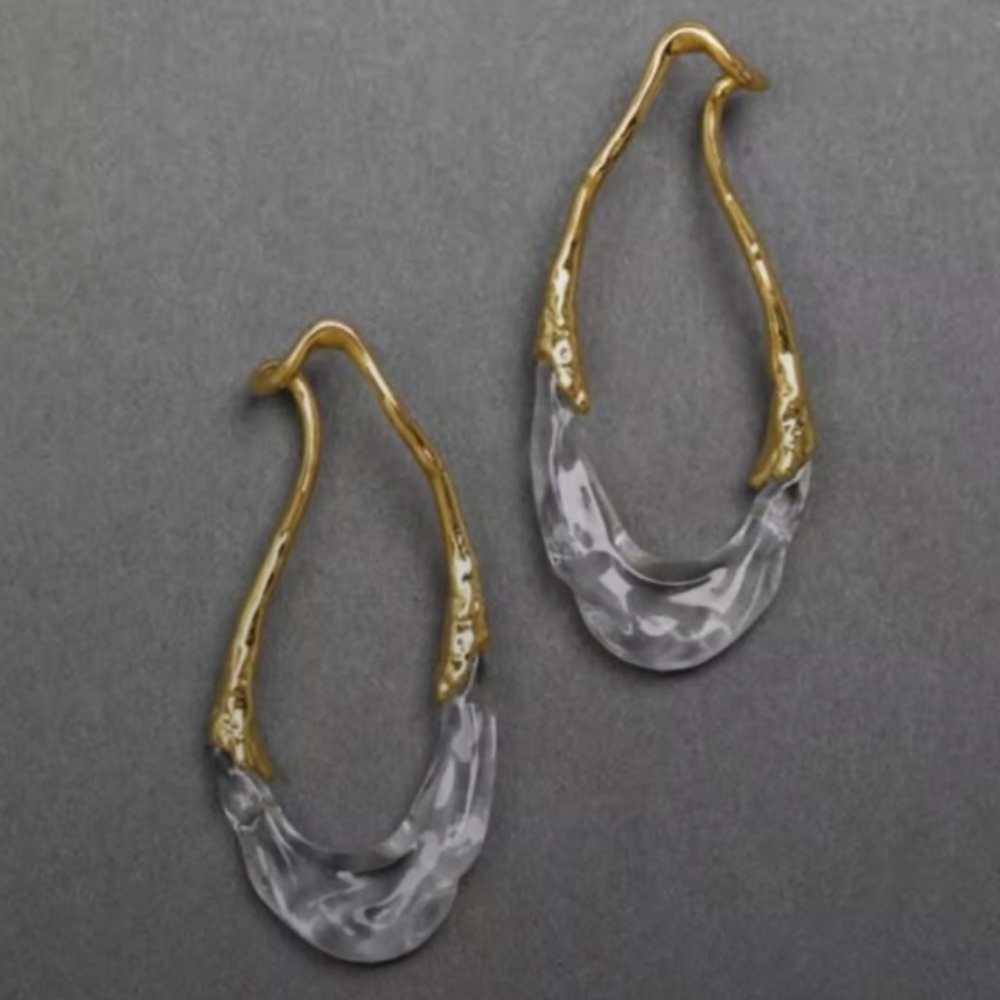 Clear Resin Goldtone Irregular Hoop Earrings Alexis Bittar Style Dream Rain